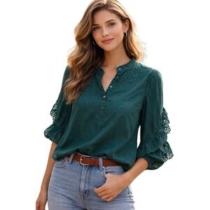 J. Crew Top Womens Large Green Eyelet Ruffle Long Sleeve Cotton Gauze Blouse